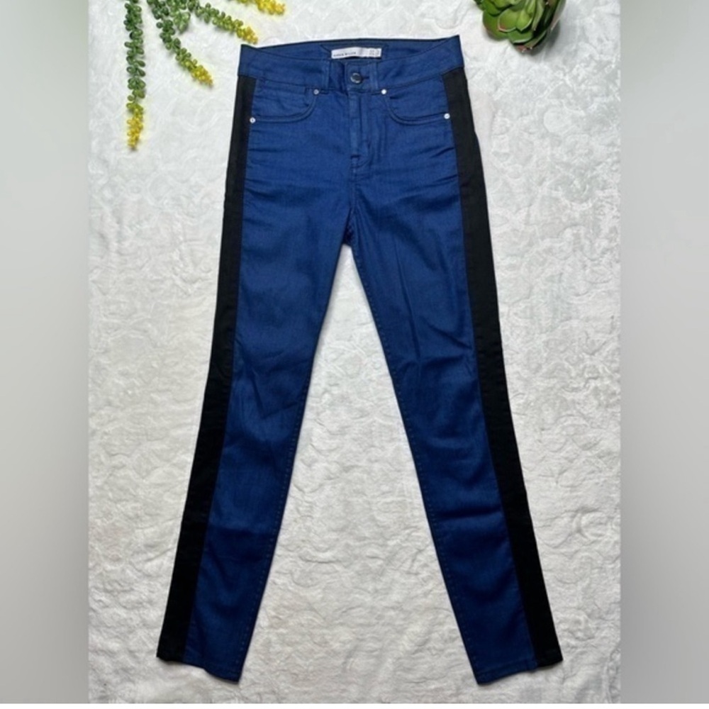 Karen Millen Tuxedo Stripe Mid Rise Skinny Jeans in Indigo and Black Womens 2